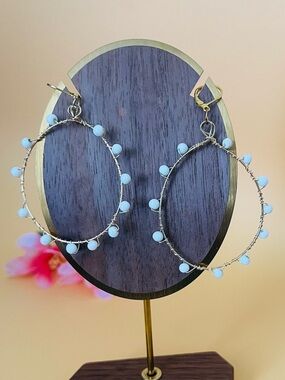 Large White & gold tone beaded earrings hoops